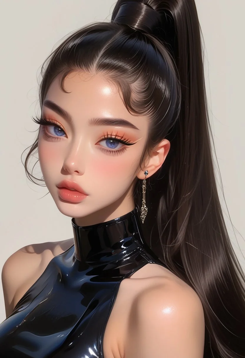 1girl, pretty girl, asian girl, blushing, solo, black hair, long hair, beautiful hair, sleek hair, high ponytail, top ponytail, superp0nytail, long ponytail, blue eyes,
short latex dress, makeup,earrings,thick lips,long eyelashes,perfect body,
large breasts,nipple outline, seductive,
open eyes, detailed eyes, full body,
score_9,score_8_up,score_7_up, detailed face,