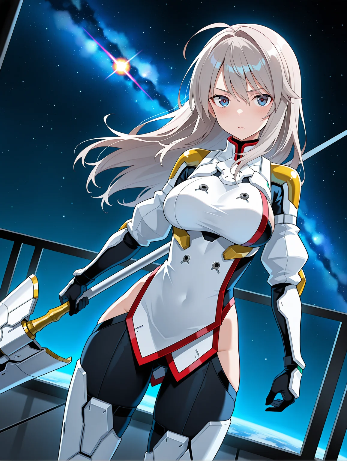 masterpiece,best quality,amazing quality,
1girl,solo,
<lora:k_chieri_ilxl_1.5:1>,chieri,ahoge,grey hair,blue eyes,
surcotte,armor,torn_thighhighs,white footwear,
<lora:Fixhands_anime_bdsqlsz_V1:1>,serious,light_blush,(night:1.2),Space Station,space,galaxy,(huge weapon,lance,cyberpunk),holding_sword,planted_weapon,spread legs,standing,dutch angle,dynamic_angle,looking_at_viewer,front view,cowboy_shot,