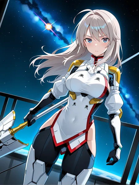 masterpiece,best quality,amazing quality,
1girl,solo,
<lora:k_chieri_ilxl_1.5:1>,chieri,ahoge,grey hair,blue eyes,
surcotte,armor,torn_thighhighs,white footwear,
<lora:Fixhands_anime_bdsqlsz_V1:1>,serious,light_blush,(night:1.2),Space Station,space,galaxy,(huge weapon,lance,cyberpunk),holding_sword,planted_weapon,spread legs,standing,dutch angle,dynamic_angle,looking_at_viewer,front view,cowboy_shot,