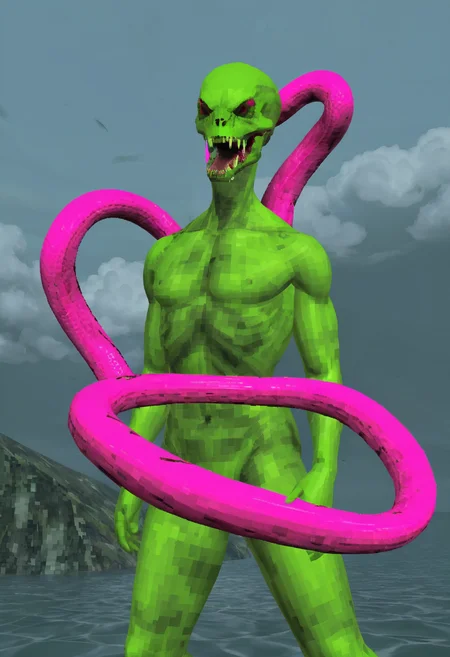 Snkmn, snakemen make natural alchemists dur to venom knowledge, neon pink and lime flasks spew a poisonous toxic cloud, black, salmon, twirl, y2k3dnerdessence <lora:y2k3dnerdessence_v0.0.1:0.75>