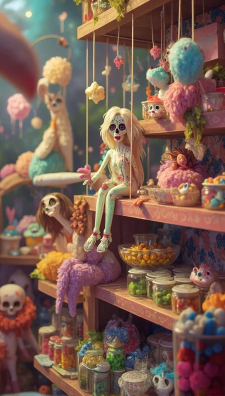 <lora:ck-LttleGhost-000011.safetensors:1> in the style of ck-lttlegh0st**
In this captivating photograph, sugar skulls in pastel hues are posed like puppets on colorful shelves overflowing with jars of candies. The blurred effect creates a dreamlike atmosphere, while the intricate decorations and sugary treats transport viewers to a fantastical world of whimsy and fantasy.