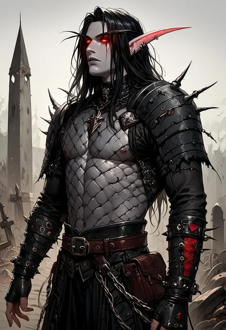 score_9, score_8_up, score_7_up, score_6_up, Expressiveh, masterpiece, perfect face, 1man, man blood elf, male, masculine, solo, (male), ((male)), deathknight, punk man, goth, tall man, muscular arms, pointy ears, long ears, red eyes, glowing eyes, ((pale grey skin)), black hair, messy hair, long hair, ((barbed wire sleeve)), grey lips, scarred face, scars, armored, black cape, torn cape, ((black armor)), chainmail armor, belt, pouch, bulky armor, (((black armor))), chainmail, armored leggings, armored boots, black ornaments, ornate armor, armor, gauntlets, outdoors, graveyard background, dead roses, vivid colors, cloudy day, posing, from behind, masculine pose, villain pose, villain, cowboy shot, dynamic pose