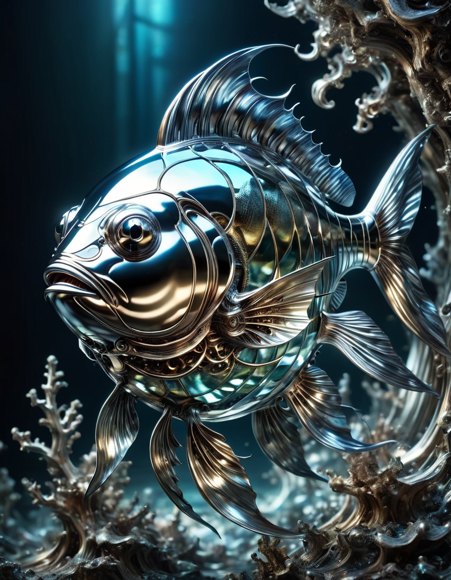 translucent fish made out of stained glass and pyrite, fantasy concept art, deep sea scenery, fractal cracked surface, artistic (double exposure by Dan Mountford:1.1), (mixed styles by Alberto Seveso and Gediminas Pranckevicius and Wadim Kashin:1.1), breathtaking intricate details, bokeh, dramatic natural lighting, reflective catchlights, cinematic, brilliant, sharp focus, fantastical and mysterious, maximalist masterwork by head of prompt engineering, made out of  ral-polishedsteel <lora:ral-polishedsteel:1>