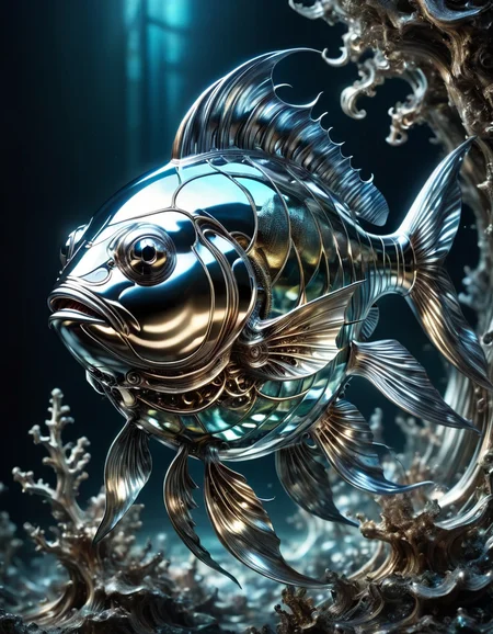 translucent fish made out of stained glass and pyrite, fantasy concept art, deep sea scenery, fractal cracked surface, artistic (double exposure by Dan Mountford:1.1), (mixed styles by Alberto Seveso and Gediminas Pranckevicius and Wadim Kashin:1.1), breathtaking intricate details, bokeh, dramatic natural lighting, reflective catchlights, cinematic, brilliant, sharp focus, fantastical and mysterious, maximalist masterwork by head of prompt engineering, made out of ral-polishedsteel <lora:ral-polishedsteel:1>
