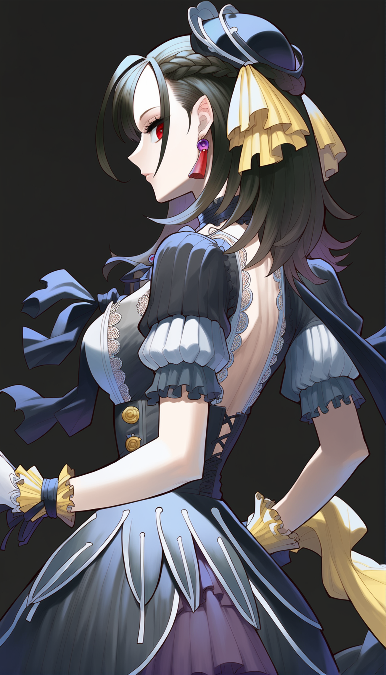 score_9,score_8_up,score_7_up,
<lora:underworldgoddess>,
underworldgoddess,
1girl,solo,pale skin,black hair,half updo,bangs,red eyes,looking at viewer,hair ornament,earrings,black neckerchief,black ribbon and bow decorations,jewelry,gothic attire,intricate dress,lace details,victorian-inspired gown,puffy sleeves,upper body,from side,
black background,
