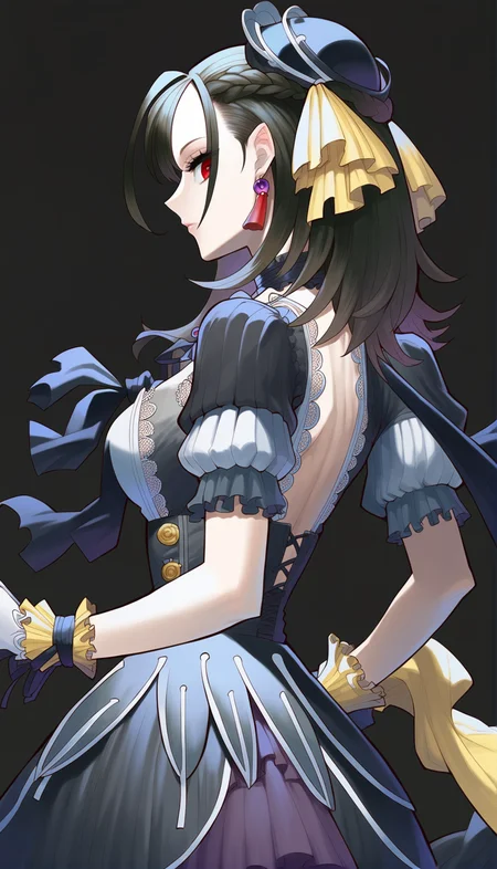 score_9,score_8_up,score_7_up,
<lora:underworldgoddess>,
underworldgoddess,
1girl,solo,pale skin,black hair,half updo,bangs,red eyes,looking at viewer,hair ornament,earrings,black neckerchief,black ribbon and bow decorations,jewelry,gothic attire,intricate dress,lace details,victorian-inspired gown,puffy sleeves,upper body,from side,
black background,