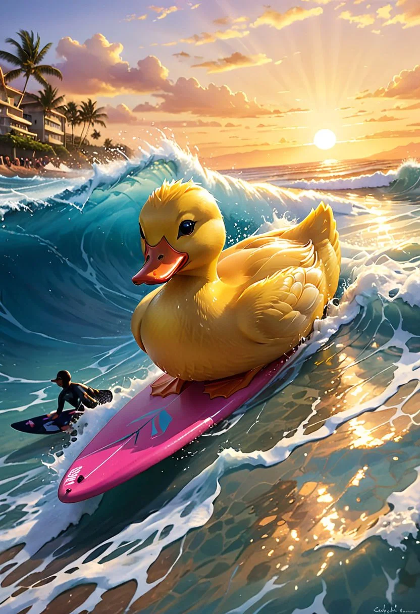 A tiny, lost rubber ducky in an action shot close-up, surfing the humongous waves, inside the tube, in the style of Kelly Slater. The rubber ducky is depicted with intricate details, its bright yellow color contrasting against the deep blue of the wave. The water splashes around it, capturing the dynamic movement of the surfing duck. The sense of isolation and vulnerability is enhanced by the vastness of the ocean surrounding the small ducky.
The sun sets in the background, casting a warm, golden glow across the sky. The orange and pink hues reflect off the surface of the water, creating a stunning and serene atmosphere. The combination of the action-packed surfing moment and the peaceful sunset backdrop creates a captivating and visually striking scene.