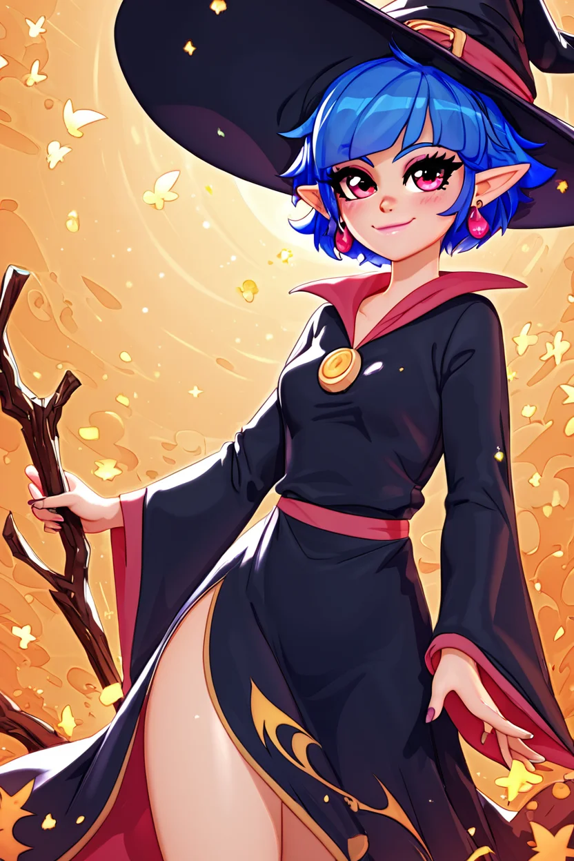 score_9, score_8_up, score_8, medium breasts, (curvy), cute, eyelashes, BREAK, , zzIrene, pointy ears, short hair, blue hair, witch hat, witch, earrings, long robe, <lora:IreneZelda_PDXL:0.8>, , BREAK, smile, closed mouth, looking at viewer, cowboy shot, ,,, embedding:zPDXL, Expressiveh, ,,, <lora:MantisStyle_PDXL_v2:0.8>, <lora:SDXLFaeTastic2400:0.5>, <lora:Expressive_H-000001:0.4>,