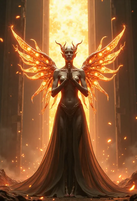 image depicting a slender female lich in praying pose, wearing energy spine catsuit with shapeless wings with tendrils made of light in a flowing motion glowing brightly, in a towering vault with a ferocious solar flare disrupting systems, bright symbols, alien atmosphere, highly detailed, masterpiece, 4k
