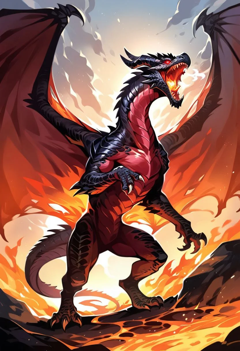 score_9, score_8_up, score_7_up, source_anime, Massive Fire Elemental dragon, feral dragon, Red skin, black scales, in all fours, roaring, bipedal legs, tattered wings, glowing red eyes, lava background, (fire breathing:1.1), (detailed image, high resolution, 5k resolution:1.0), (fantasy art style, anime art style:0.90)