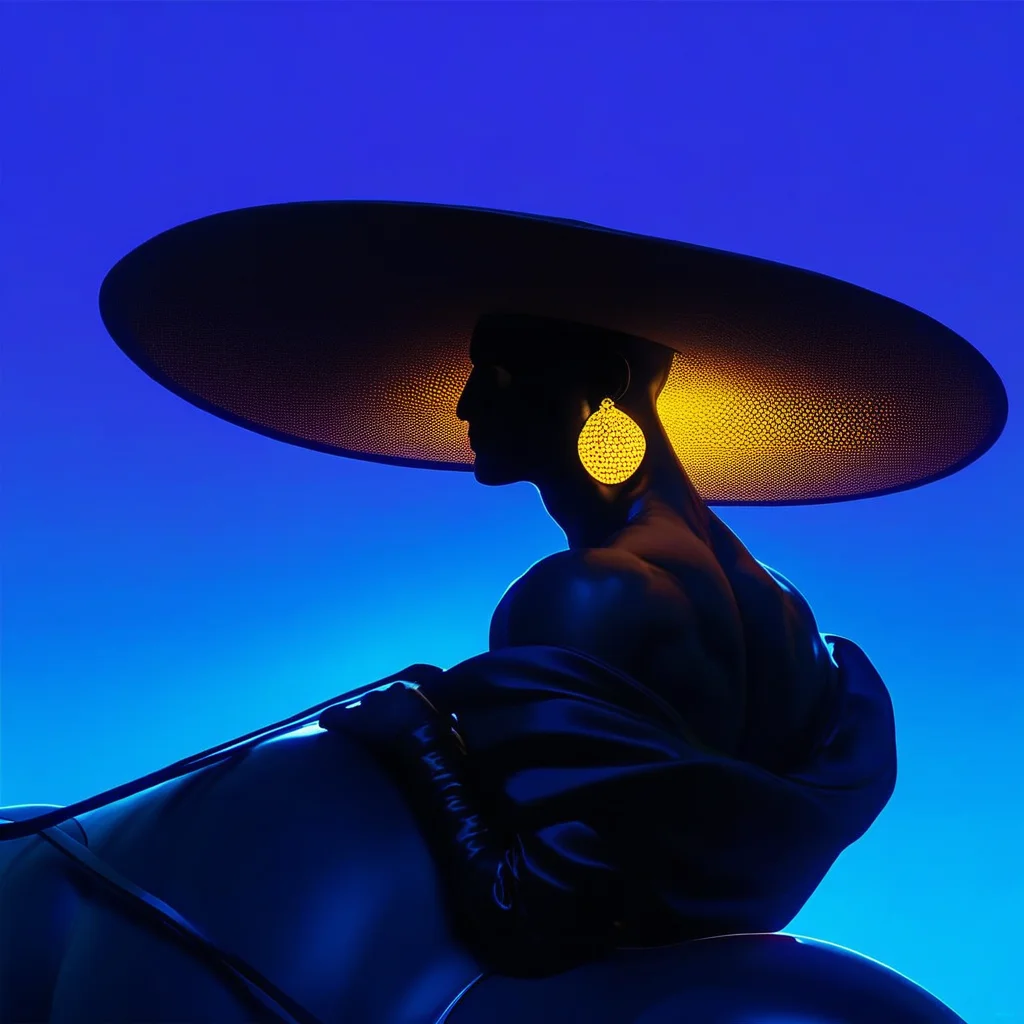 aaAR7fl,score_9,score_8_up,score_7_up,best aesthetic, intriguing details, surrealism,Dolce & Gabba fashion campaign, haute couture,1boy, solo, black sport bodysuits, off shoulders, yellow glowing earrings, wide brim hat, riding a horse, profile, blue gradient background, muscular,