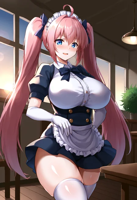 score_9, score_8_up, score_7_up, score_6_up, score_5_up, score_4_up,
gradient background,
refraction, caustics, rim lights, backlighting, bloom,
BREAK
source_anime, day, indoors, sky, sunset, lens flare, window, cafe, counter, table, chair, potted plant, ceiling light, wooden floor,
BREAK
1girl, solo, ahoge, blue eyes, pink hair, very long hair, sidelocks, twintails,
parted lips, blush, smile,
bow, maid uniform, elbow gloves, hair bow, white thighhighs, frills, white gloves, puffy sleeves, skirt,
large breasts, shiny skin, thick thighs, wide hips, curvy,
upper body, body, cowboy shot, perspective, zettai ryouiki,
looking at viewer,
<lora:9is-v2-PDXL:1>