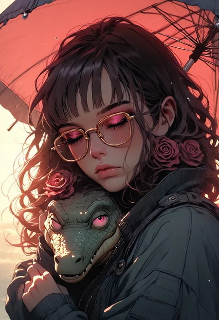 score_9, score_8_up, score_7_up, source_image_comics, embrace, small fat crocodile, stoplight Gold Pink eyes, straight jacket, big glasses, umbrella, rose dust ribbon,sinozick, day sky, sunny, heavy rain, big eyes, The image is a digital art piece that appears to be a portrait of a woman's face. The woman's head is in profile, with her eyes closed and her lips slightly parted. She has long, flowing hair that is styled in a way that cascades down her back. The background is magic mint, making the woman's features stand out even more. The overall mood of the image is peaceful and serene.