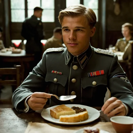 cinematic film still of <lora:detailed:0.2>
<lora:perfection style:0.2>
<lora:Ron Fricke style:0.1>
<lora:Inglourious Basterds film style:1>
a man in uniform sitting at a table with a plate of food,solo,blonde hair,brown hair,long sleeves,1boy,male focus,food,indoors,blurry,uniform,military,military uniform,depth of field,table,plate,cake,realistic,fork,candle,holding fork,medal , 1940's, Inglourious Basterds film style, shallow depth of field, vignette, highly detailed, high budget, bokeh, cinemascope, moody, epic, gorgeous, film grain, grainy