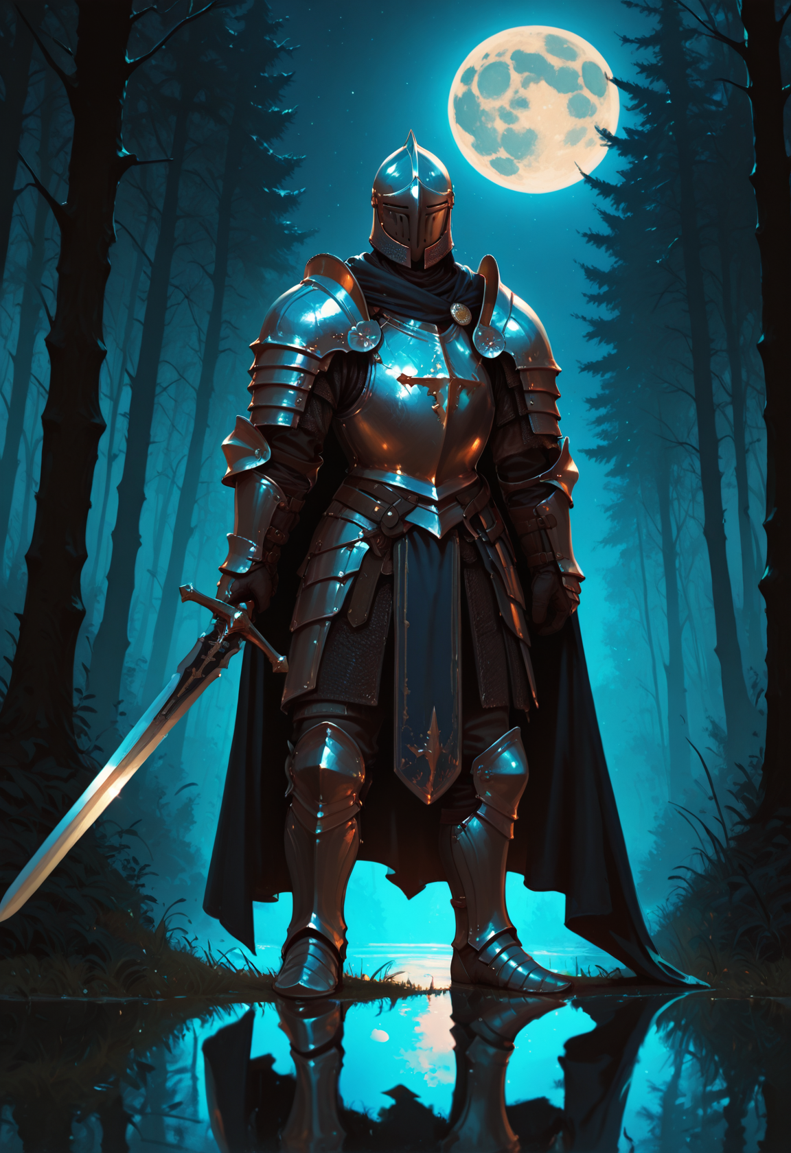 armor, weapon, sword, helmet, holding weapon, tree, holding sword, holding, gauntlets, outdoors, knight, forest, nature, full armor, solo, moon, night, 1other, standing, shoulder armor, ambiguous gender, pauldrons, plate armor, greaves, cape, breastplate, reflection, faulds, grass, full body, full moon,, <lora:Detailer_NoobAI_Incrs_v1:0.75>, masterwork, masterpiece, best quality, dynamic lighting , dynamic pose,,  dynamic angle, , , (realistic:1.2), (lineless:1.2), detailed,  , aged up, adult, depth of field, dynamic lighting, blurry, cheekbones, <lora:zy_illustrious_Realism_Enhancer_v1:0.5>