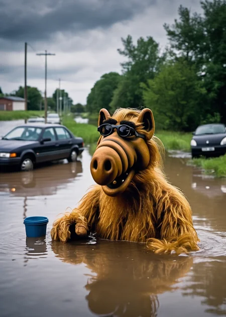 <lora:Alf SDXL LoRA - Trigger w Alf Person:.8> alf person in a unique situation ( A place taken by a flood with everyday objects floating and cars submerged in the water). Highly detailed photography. Volumetric lighting.