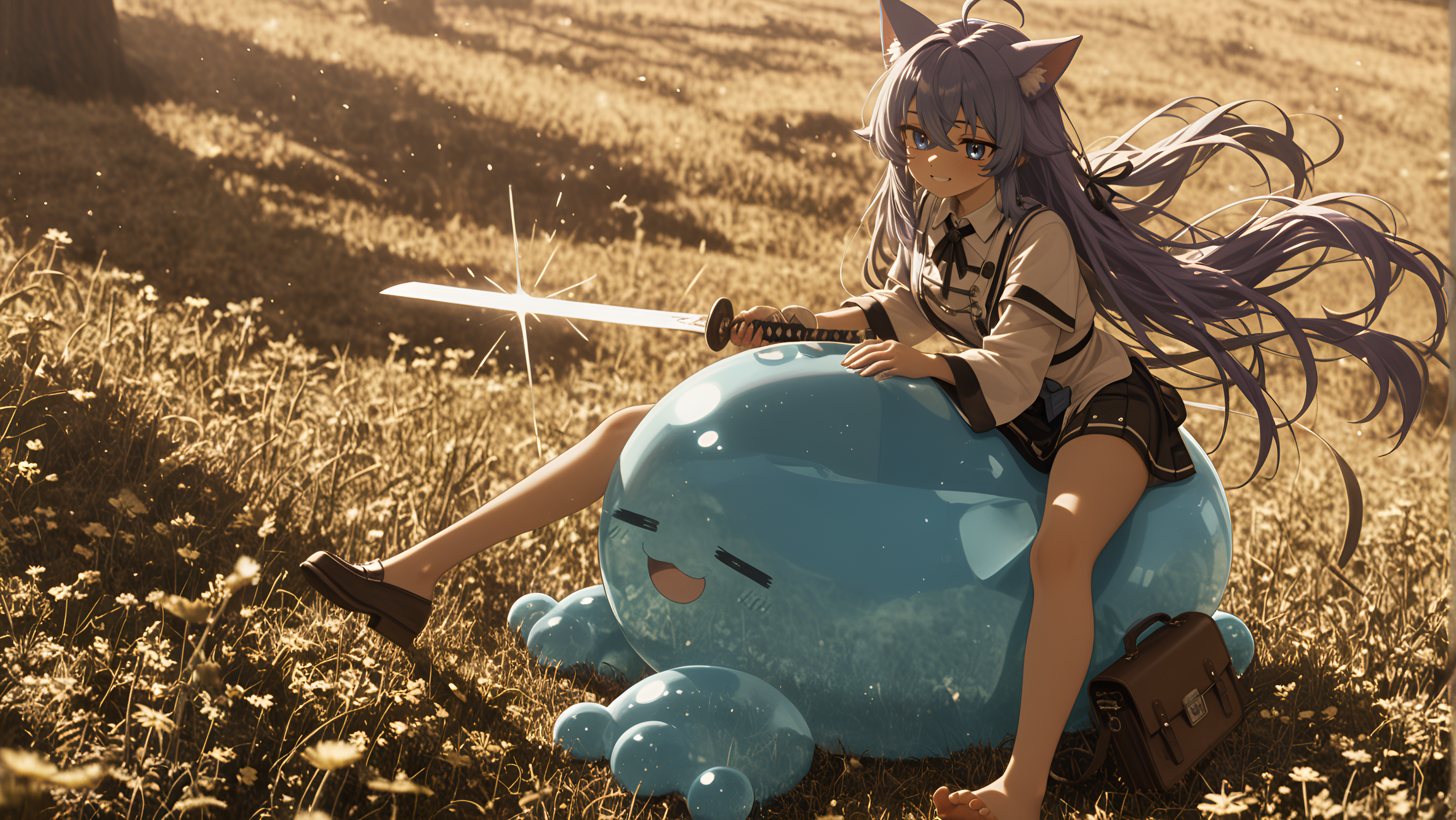 This is a digital artwork in the style of ckgr, Copper Theme, amazing quality, ultra-detailed, depth of field, 8K, cat_ears, Soft Shadows / Feathered Shadows, medium breasts, seductive_smile, motion_blur:1.1, Medium shot, absolutely eye-catching, nail_polish, barefoot, Tyrant Regent, anime character, Riding him in cowgirl, Checkerboard split hair, school_bag, masterpiece, loafers, slime_(creature), her feet pressing into his thighs as he cums on her breasts., hair_ribbon, ambient occlusion, 2boys, Alpine meadow covered in wildflowers, sukumizu, dark skin, long hair, tech-enhanced katana with a glowing edge, very aesthetic, Roxy Migurdia (Mushoku Tensei), highlighted hair, RTX, vhs tape aesthetic, Midnight, motion_lines:1.1, 1girl, best quality, she bites his lip, blurry foreground, absurdres, newest