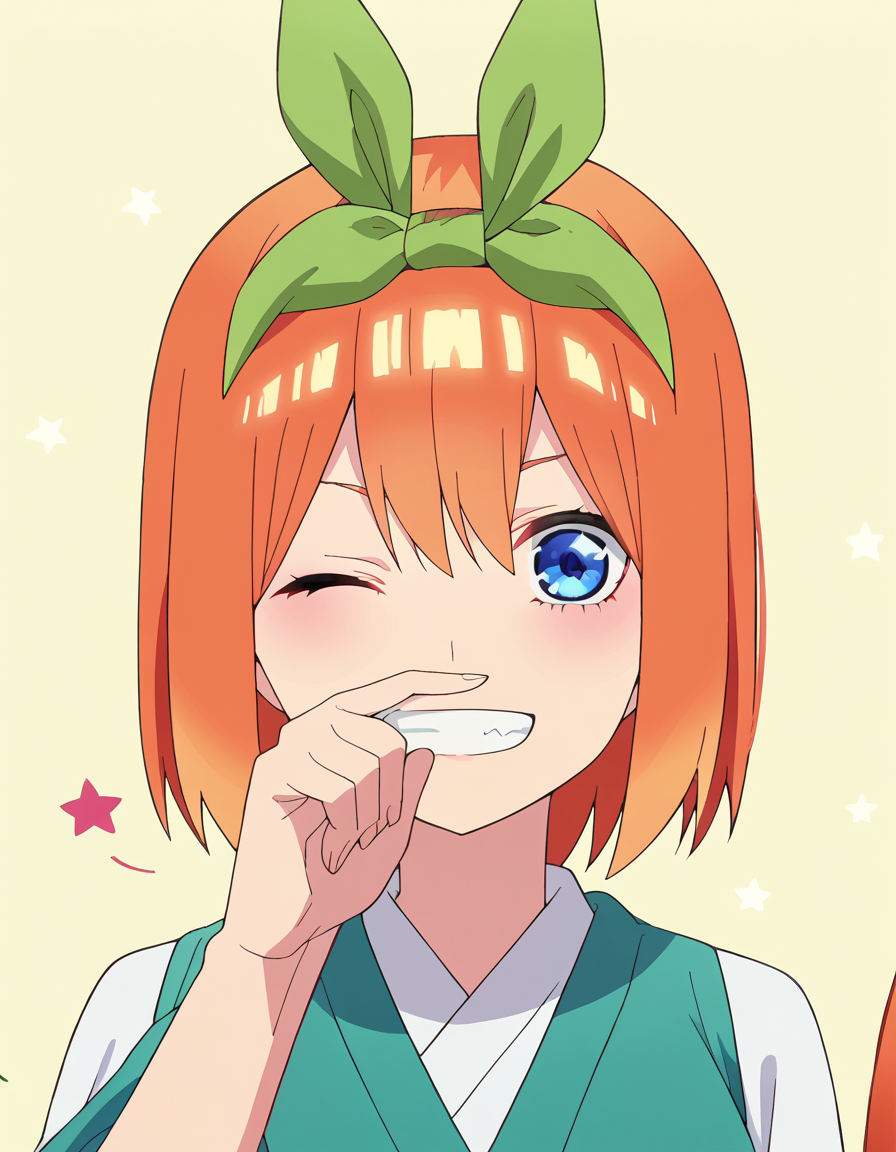 score_9, score_8_up, score_7_up, source_anime, <lora:yotsuba-nakano-s2-ponyxl-lora-nochekaiser:1>, yotsuba nakano, bangs, short hair, blue eyes, hair between eyes, hair ribbon, hairband, orange hair, green ribbon, large breasts, anime screencap, <lora:rubbing-nose-ponyxl-lora-nochekaiser:1>, rubbing nose, looking at viewer, smile, one eye closed, hand up, teeth, star (symbol),, ,