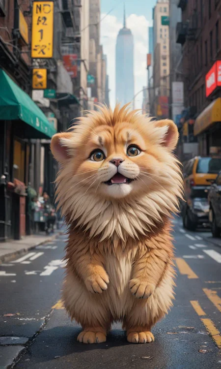 The cutest creature ever. " - n 9 - i'd - i' a new york city street. the road is made of fur, and its head has no ears. the overall effect is one of three times. it looks like an image of leo-lob utilizes on the horizon for his life. 4 k digital art, trending on artstation <lora:Fast:0.69>