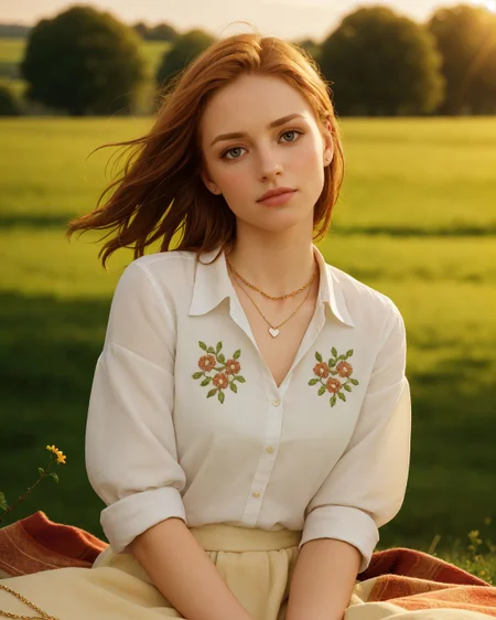 superbloom scenery, 24yo attractive irish redhead, (striking eyes with full limbal ring visible, piercing gaze with prominent limbal rings, large expressive eyes with sharp limbal rings, intense wide eyed stare at viewer:1.4), wide cinematic establishing shot seductive young woman sitting having picnic under tree, (bra strap, cleavage,  young adult irish redhead:1.25), (style of Alessio Albi:1.4), Realist Portraiture, Soft Lighting, Emotional Depth, Simple Compositions, (Layered Depth, Soft focus foreground, Painted Scenery:1.1), alluring feminine physique, short backlit hair, perfect face, thin upper lip, pouting lower lip, thin brows, small upturned nose, bow-shaped lips, Raised Eyebrows, Focused Gaze, eager expression, quaint farm setting, (relaxed country woman), (tight unbuttoned shirt, thin material), subsurface scattering, classic cotton, soft pastel, intricate embroidery collar cuffs, rolled-up sleeves revealing sun-kissed forearms BREAK (blanket:1.15), rich textures, patchwork design, vibrant colors, detailed stitching, homely aesthetic (skirt), elegant rustic charm, subtle floral pattern, linen, sways breeze BREAK ((wildflower wreath)), crown delicate chain necklace, small, intricate pendant, heart-shaped with floral theme, glowing subtly in the soft light, ethereal quality, [lens flare glinting], (mischievous yet content expression), lush green fields in the background, (soft, sunlit ambiance), simple leather boots, carefree hair  <lora:kodak_ultramax_400:0.8> golden hour, soft golden light, pastel sky, relaxed posture, natural smile, earthy colors, candid moment, trees and flowers in background, leading lines, depth of field, slightly off-center framing, warm tones, cinematic look, natural setting, editorial style, soft textures, subtle lighting, peaceful mood