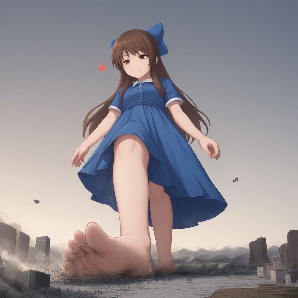 score_9, score_8_up, score_7_up, score_6_up, macro, giga macro, giantess,( 1girl, full body:1.5), solo, solo focus,
(tcbnarisu_AA,tachibana arisu, brown hair, brown eyes, long hair, bangs , blue dress, hair bow, short sleeves, bare legs, barefoot, looking down, sweating, drenched in sweat, super sweaty, sweaty feet:1.3),
(cute female, love:1.5), (smile, smug, smug smile:1.3), 1girl, perfect feet, feet, looking down, long fingernails, long toenails, (sweat, sweaty, very sweaty, sweaty foot, steam:1.4), (bare legs, barefoot, dirty feet, floating hearts:1.3), toes, (standing legs apart, standing, legs together, from below, low angle, spread legs, wide spread legs, walking:1.4),
extreme detail, realistic, realism, masterpiece, perfect lighting, bloom, cinematic lighting, highres, (ultra realistic, 32k, masterpiece:1.2), (high detailed skin:1.1), (high quality:1.1), bokeh, luminescent background,
(sunny blue sky background, destruction, landscape, cities, mass destruction, trail of destruction:1.2),