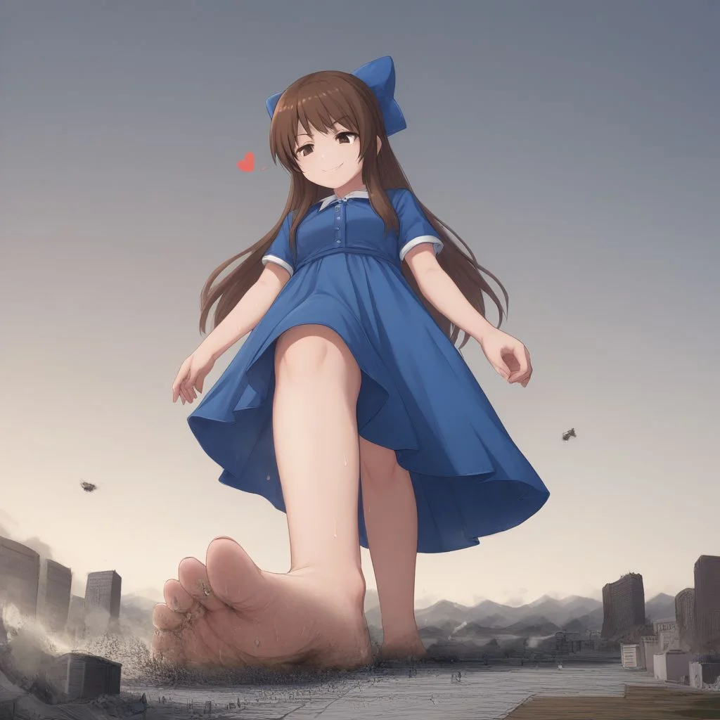 score_9, score_8_up, score_7_up, score_6_up, macro, giga macro, giantess,( 1girl, full body:1.5), solo, solo focus,
(tcbnarisu_AA,tachibana arisu, brown hair, brown eyes, long hair, bangs , blue dress, hair bow, short sleeves, bare legs, barefoot, looking down, sweating, drenched in sweat, super sweaty, sweaty feet:1.3),
(cute female, love:1.5), (smile, smug, smug smile:1.3), 1girl, perfect feet, feet, looking down, long fingernails, long toenails, (sweat, sweaty, very sweaty, sweaty foot, steam:1.4), (bare legs, barefoot, dirty feet, floating hearts:1.3), toes, (standing legs apart, standing, legs together, from below, low angle, spread legs, wide spread legs, walking:1.4),
extreme detail, realistic, realism, masterpiece, perfect lighting, bloom, cinematic lighting, highres, (ultra realistic, 32k, masterpiece:1.2), (high detailed skin:1.1), (high quality:1.1), bokeh, luminescent background,
(sunny blue sky background, destruction, landscape, cities, mass destruction, trail of destruction:1.2),