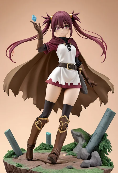 masterpiece, best quality, solo, curvy, beautiful eyes, narrow waist, wide hips, 1girl, solo, smile, looking at viewer, dynamic angle, foreshortening, close up,     f1gur3,  ,<lora:AnimeFigure_IXL:1.2>,  [Earthshaper Geomancer], earth-toned tunic made of woven stone fibers, rough leather belt with mineral embellishments, layered clay greaves, bark-textured gloves, boot soles embedded with quartz shards, earthy cape with moss accents, towering stone ruins in a rocky valley, hand raised to control the earth,