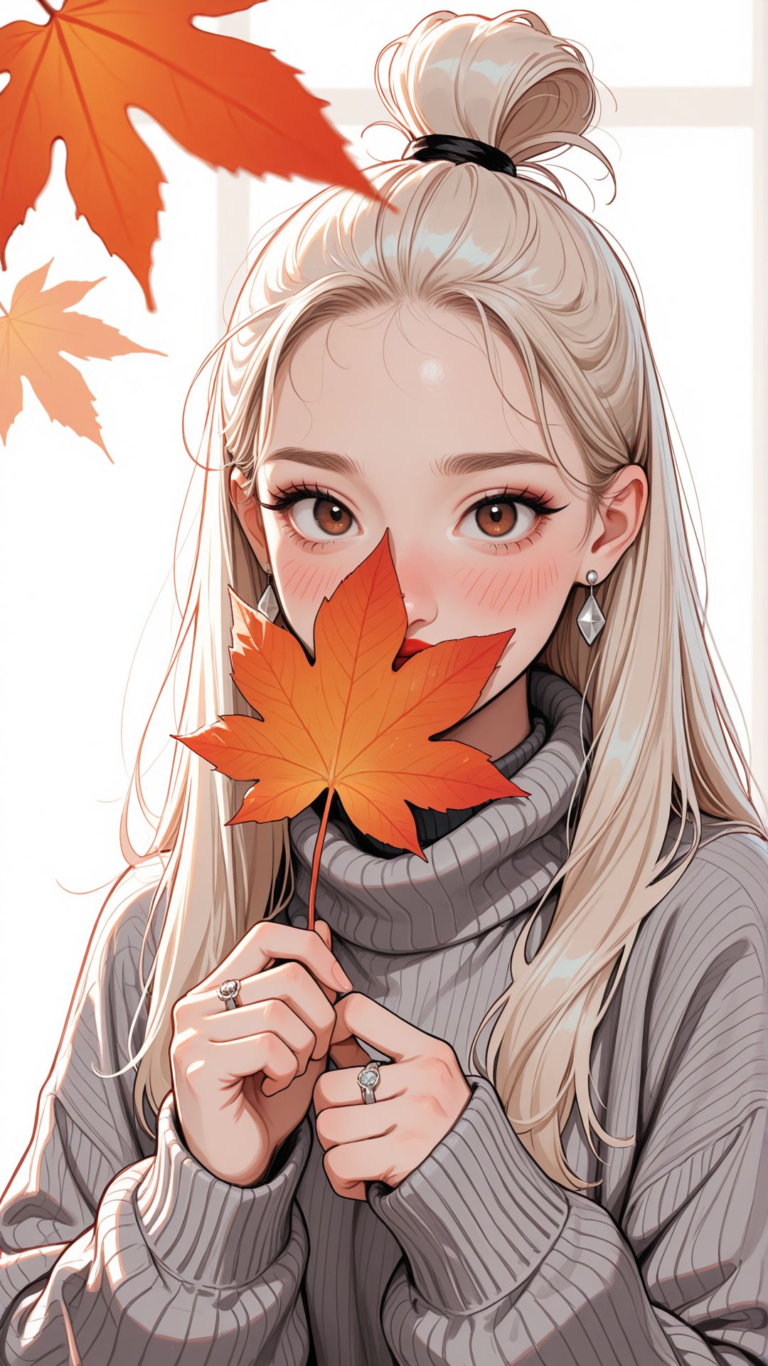 masterpiece, best quality, pastel colors, sketch lineart, muted color, cozy aesthetic,
1girl, platinum blonde hair, long hair, topknot, loose hair strand, stray hair, thick eyelashes, brown eyes, detailed eyes, small earrings, silver earrings, hair behind ear, red lips, slight blush, 
autumn fashion, oversized sweater, ribbed sweater, grey sweater, ring, maple leaf, holding leaf, leaf covering mouth, 
minimalist background, off-white background, slightly tilted angle view,
looking at viewer, shy, embarrassed, soft expression,
soft lighting, natural lighting, diffuse light, subtle shadows, balanced contrast
