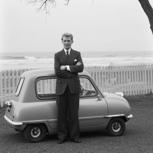 ocean, blonde hair, photo background, blurry, crossed arms, car, very small car, tree, fence, wheel, formal, monochrome