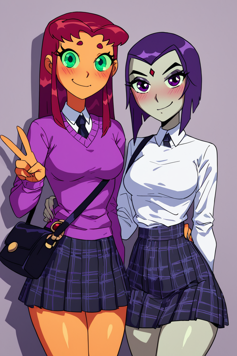 score_9, score_8_up, score_8, medium breasts, (curvy), cute, eyelashes,      ,,,  strfr, rvn,  raven (dc), starfire, dc comics, 2girls, colored skin, green eyes,  grey skin, medium breasts, orange skin, purple eyes, purple hair, red hair, short hair, smile,   against a wall, closed mouth, alternate costume, smile, looking at viewer, collared shirt, blush, sweater, black skirt, eyelashes, long sleeves, sleeves past wrists, plaid skirt, shoulder bag, black bag, pleated skirt, white shirt, cowboy shot, (v),   ,,, embedding:zPDXL, Expressiveh, <lora:TTitansStyle_PDXL_v2:1.0>,  <lora:Expressive_H-000001:0.4>,