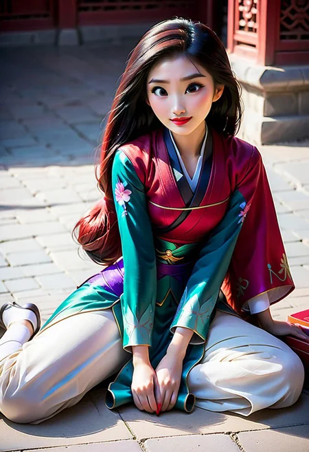 Duo, anime, (Ariel) on the right side
and (Mulan) on the left side, seated on the ground
