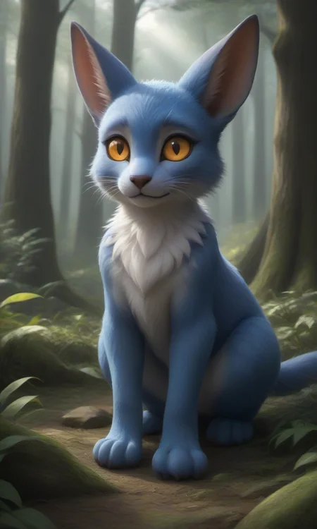 Sombryx_Evertale, there is a digital drawing of a blue animal with golden eyes with ((big ears)), all fours, nature, forest,