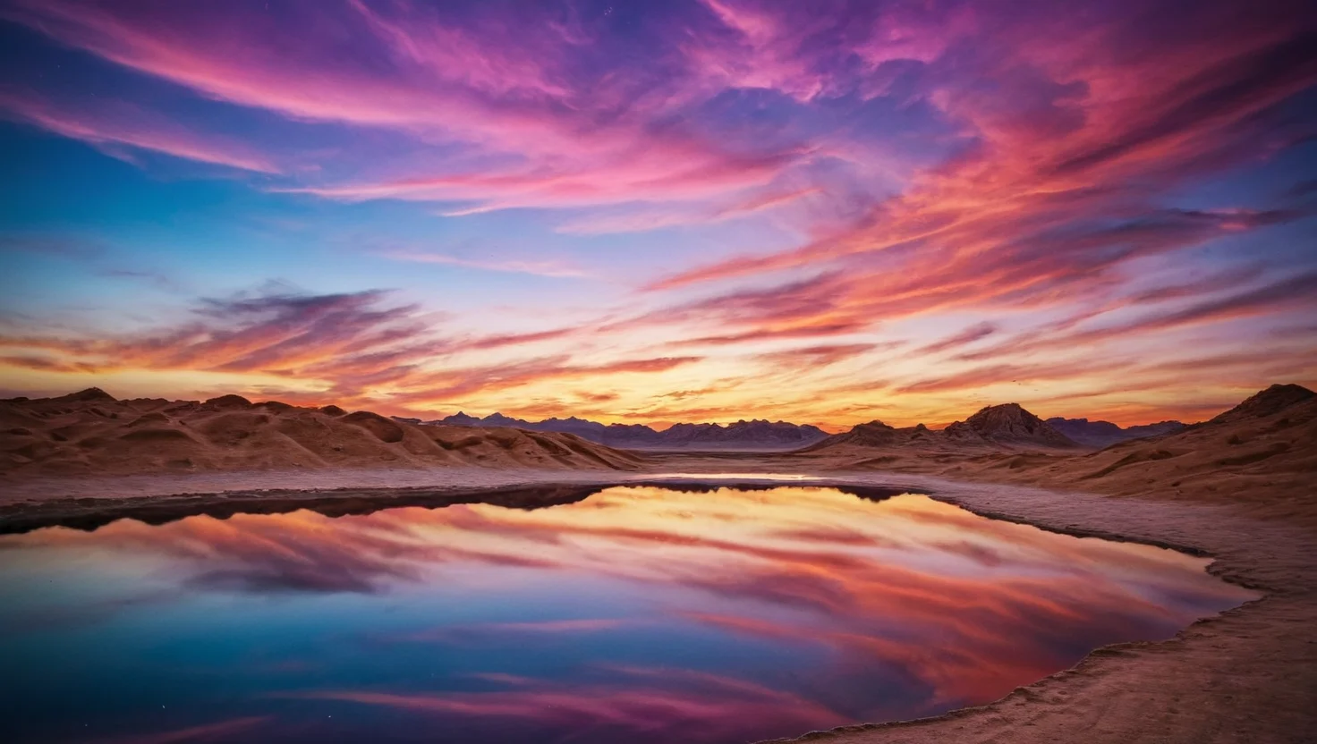 A colorful sky over a reflecting lake near a desert,
<lora:Landscapes-v1.1:0.8>,