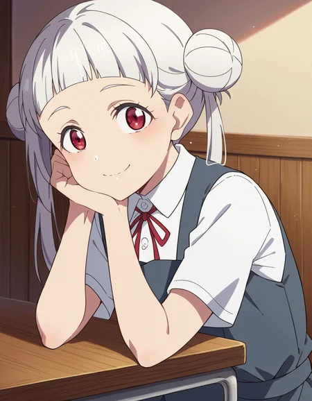 score_9, score_8_up, score_7_up, source_anime, <lora:chisato-arashi-s2-ponyxl-lora-nochekaiser:1>, chisato arashi, long hair, bangs, red eyes, twintails, white hair, blunt bangs, hair bun, double bun,, shirt, dress, ribbon, school uniform, white shirt, short sleeves, collared shirt, red ribbon, neck ribbon, pinafore dress, grey dress, summer uniform, yuigaoka school uniform,, indoors, smile, looking at viewer, solo, sitting, head rest, table,, cowboy shot, dutch angle