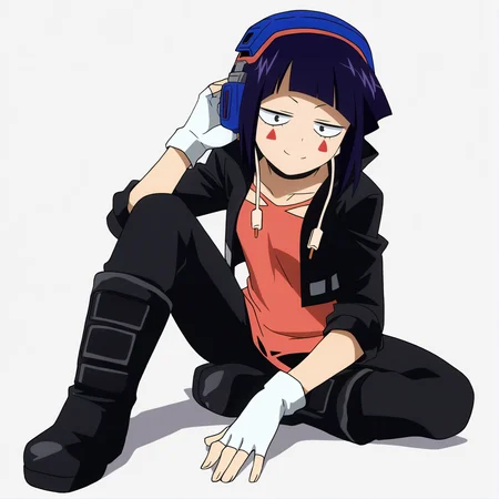 sharp focus, pixiv masterpiece, source_anime, best quality, high res, absurd res, anime_screencap, BREAK
<lora:Kyoka_Jiro_MHA_IL_v49:1> , kyokajiro, 1girl, solo, purple_hair, short_hair, black_eyes, blue_headphones, fingerless_gloves, white_gloves, red_triangle_face_marks, dark_boots, earphone_plugs, long_earlobes, black_jacket, choker, cutout_shirt, black_pants, bangs, full body, simple background, white background