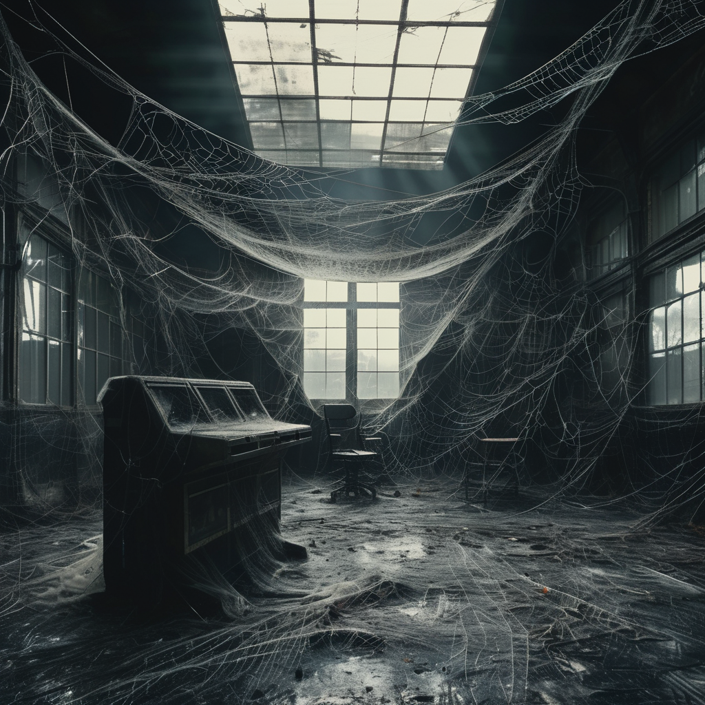 spiderweb  abandoned robot factory, robots and machines in the background, dark atmosphere entwined with cobwebs, cinematic, photorealistic very detailed, professional photo <lora:spiderweb:1>