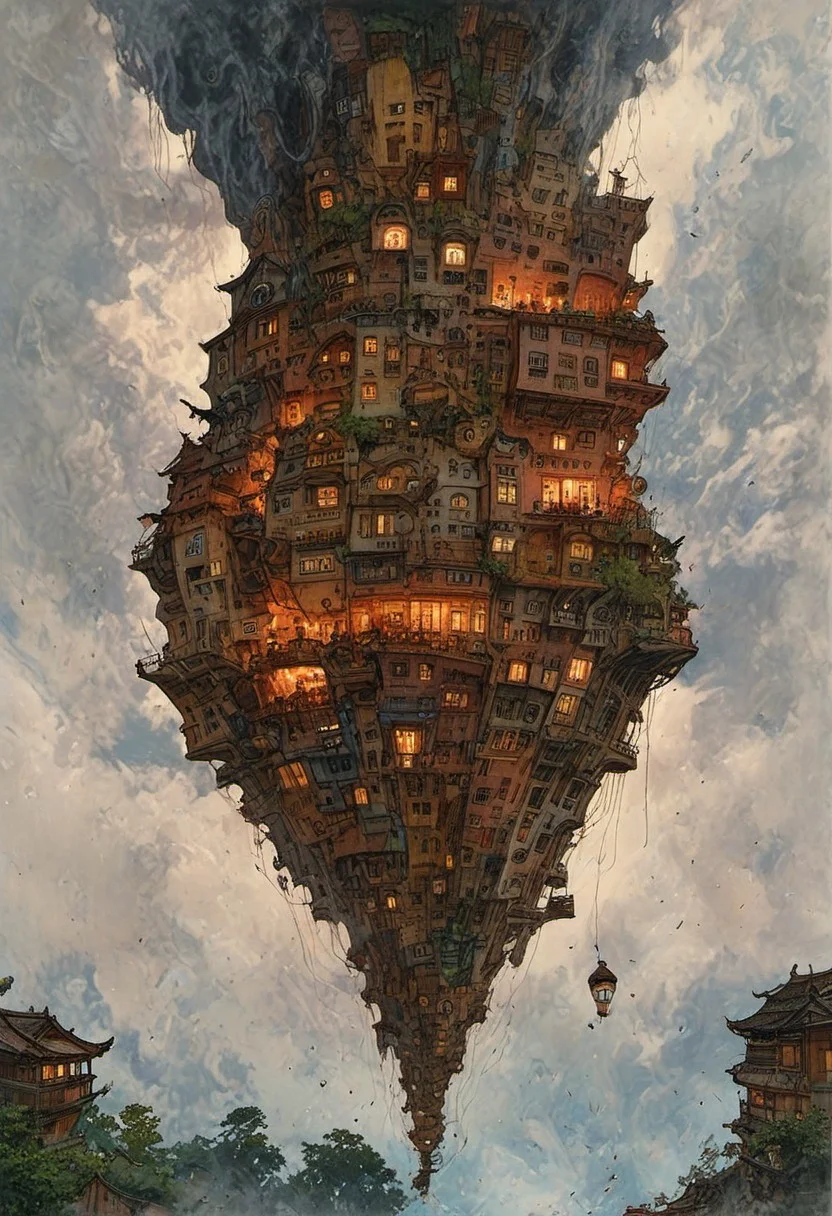8k highly detailed ❤️🔥 🔥 💀 🤖 🚀, houses on stilts, futurama, pulled into the spiral vortex, inhabited on many levels, kyoto, otclillsn, FRESHIDEAS Real Photography 2#, fenliexl, mixed media, surrealism, great lighting, In a surreal dreamscape, a cityscape with impossible architecture emerges from the swirling mist. Distorted skyscrapers twist like Escher-esque staircases, while streets warp into Mobius strips. A lone figure, suspended mid-air, appears trapped in an optical illusion of reflections and refractions. The sky above ripples like water, distorting the sense of up and down. In this bizarre landscape, one altered element can send the entire scene careening into chaos.