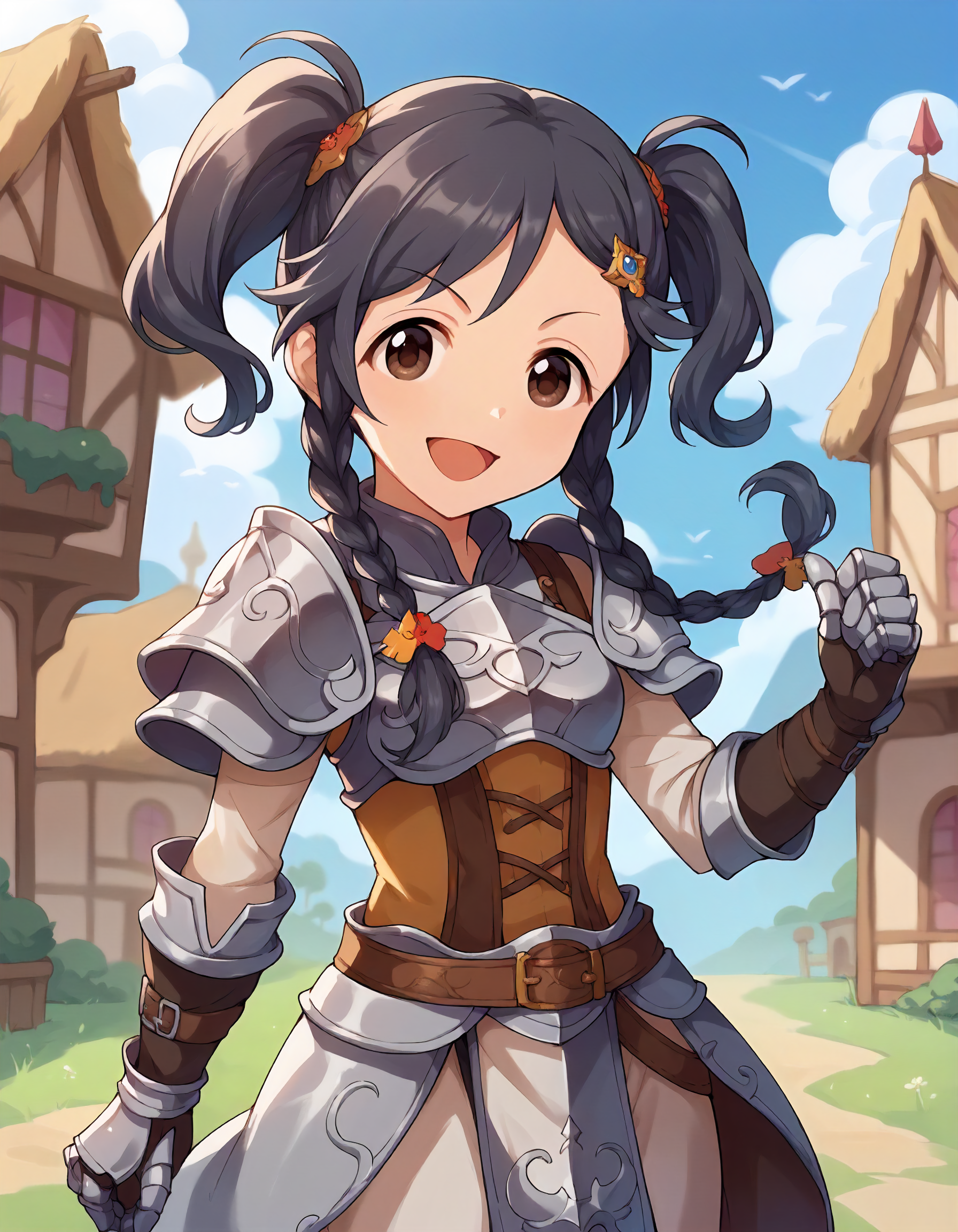 score_9,score_8_up,score_7_up,1girl,solo,cowboy shot,looking at viewer,smile,open mouth,fantasy town,
<lora:miyoshisana_ponyXLV6:0.8>,cgmsn,black hair,twin braids,twintails,brown eyes,hair ornament,
silver armor