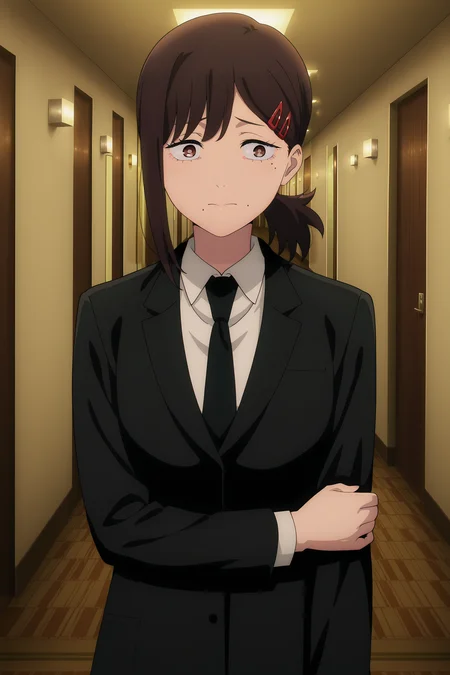 volumetric lighting, official style, amazing quality, ultra detailed, highres, detailed background, anime screenshot, anime screencap, anime coloring, masterpiece, detailed face,1girl <lora:Kobeni_Higashiyama__:0.9>kobeni, necktie, single sidelock, black necktie, hair ornament, mole, mole under mouth, hairclip, formal, suit, shirt, collared shirt, multiple moles, white shirt, solo, black jacket, jacket, short ponytail, brown hair, mole under eye, bangs, medium hair, short hair, indoors, hotel hallway, holding arm