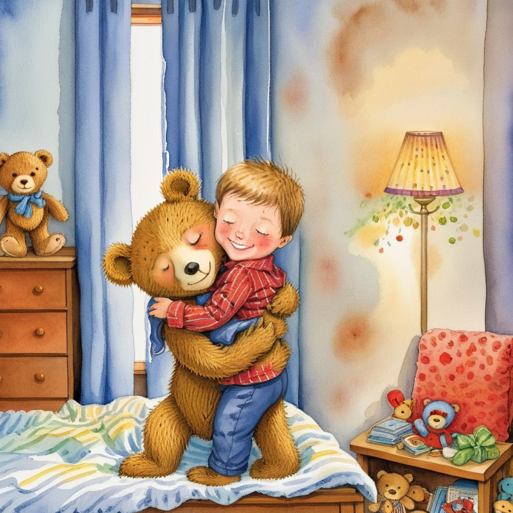 A watercolor painting image of a young boy lovingly hugging a teddy bear. The boy should have a joyful expression on his face, and his eyes should be filled with happiness. The teddy bear should be fluffy and cute, with button eyes and a stitched smile, embodying the essence of childhood comfort. The setting could be in a cozy bedroom filled with other toys and soft lighting, creating a warm and inviting atmosphere, <lora:jimi:0.8>
