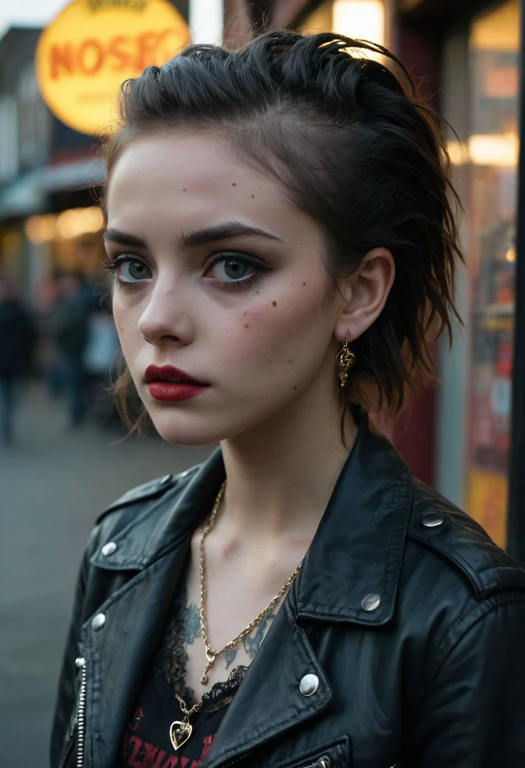 social-themed cinematic film still different views of beautiful 1girl chilling in the Birmingham street, award movie still of a (26 year old skinny english punk woman), punk scooter, 80's movie, full body shot, in front of punk music shop , (clear eyes:1.2), (punk leather jacket:1.3), ruined mascara, shadow eyes, red lips, large anarchy necklace, (punk shirt with thorns, red skirt:1.3), large earrings, many punk assets, multiples tattoos on body, gorgeous lips, (wearing a see through lace lingerie:1.3), stockings, thin, delicate, deciduous, petite, cute, (freckles:0.7), visible areolae, perky breasts, goosebumps, black long hairs, piercings , peoples, looking at viewer,(extremely detailed face:1.2), (extremely detailed eyes:1.2), masterpiece, hyperrealistic, absurdres, full body character design high budget, bokeh, cinemascope, moody, epic, gorgeous, film grain, grainy . Eerie, unsettling, dark, spooky, suspenseful, grim, highly detailed, detailed skin texture, (blush:0.9), (goosebumps:0.5), acne, subsurface scattering, RAW candid cinema, 16mm, color graded portra 400 film, remarkable color, ultra realistic, textured skin, remarkable detailed pupils, realistic dull skin noise, visible skin detail, skin fuzz, dry skin, shot with cinematic camera, detailed skin texture, (blush:0.5), (goosebumps:0.5), subsurface scattering, RAW candid cinema, 16mm, color graded portra 400 film, remarkable color, ultra realistic, textured skin, remarkable detailed pupils, realistic dull skin noise, visible skin detail, skin fuzz, dry skin, shot with cinematic camera