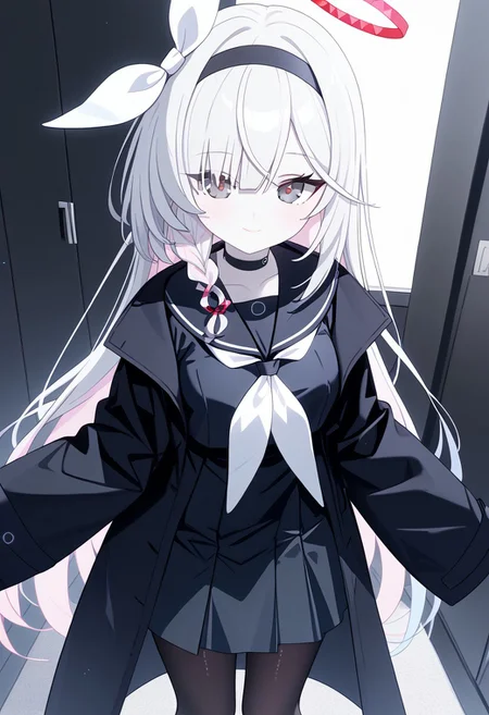 best quality, highres, masterpiece, 1girl, Plana_(Blue_Archive), grey eyes, white hair, bangs, long hair, single braid, hairband, black hairband, hair ribbon, choker, halo, (unnaturally white skin:1.2), (pale skin:1.1),
(shiny skin:1.2), standing, closed mouth, medium breasts, smile, looking at viewer, thighs, facing viewer, black serafuku long sleeve, coat removed, white neckerchief, black skirt, black pantyhose
