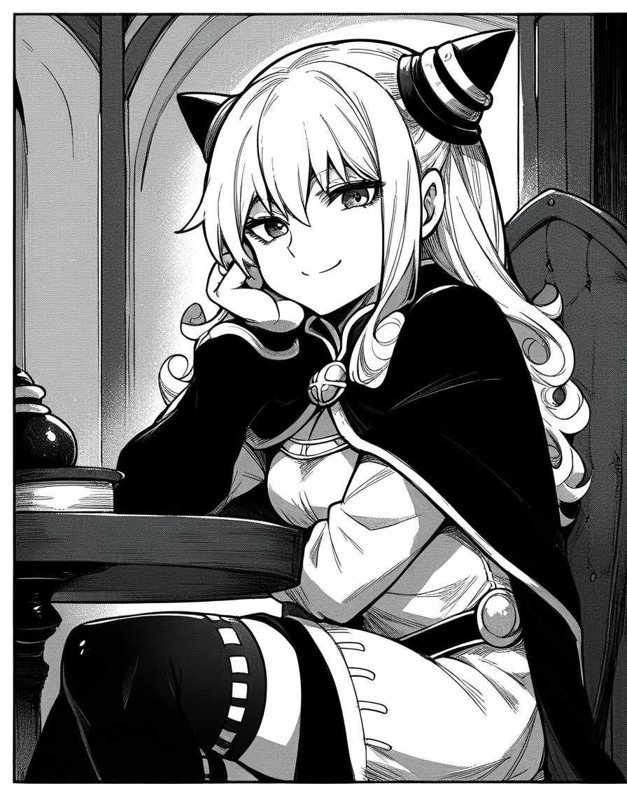score_9, score_8_up, score_7_up, source_anime, <lora:ashe-talton-manga-ponyxl-lora-nochekaiser:1>, rengoku ashe, long hair, greyscale, monochrome,, thighhighs, long sleeves, capelet, cape, dress, white dress,, indoors, sitting, head rest, table,, smile, looking at viewer, solo,, cowboy shot, dutch angle