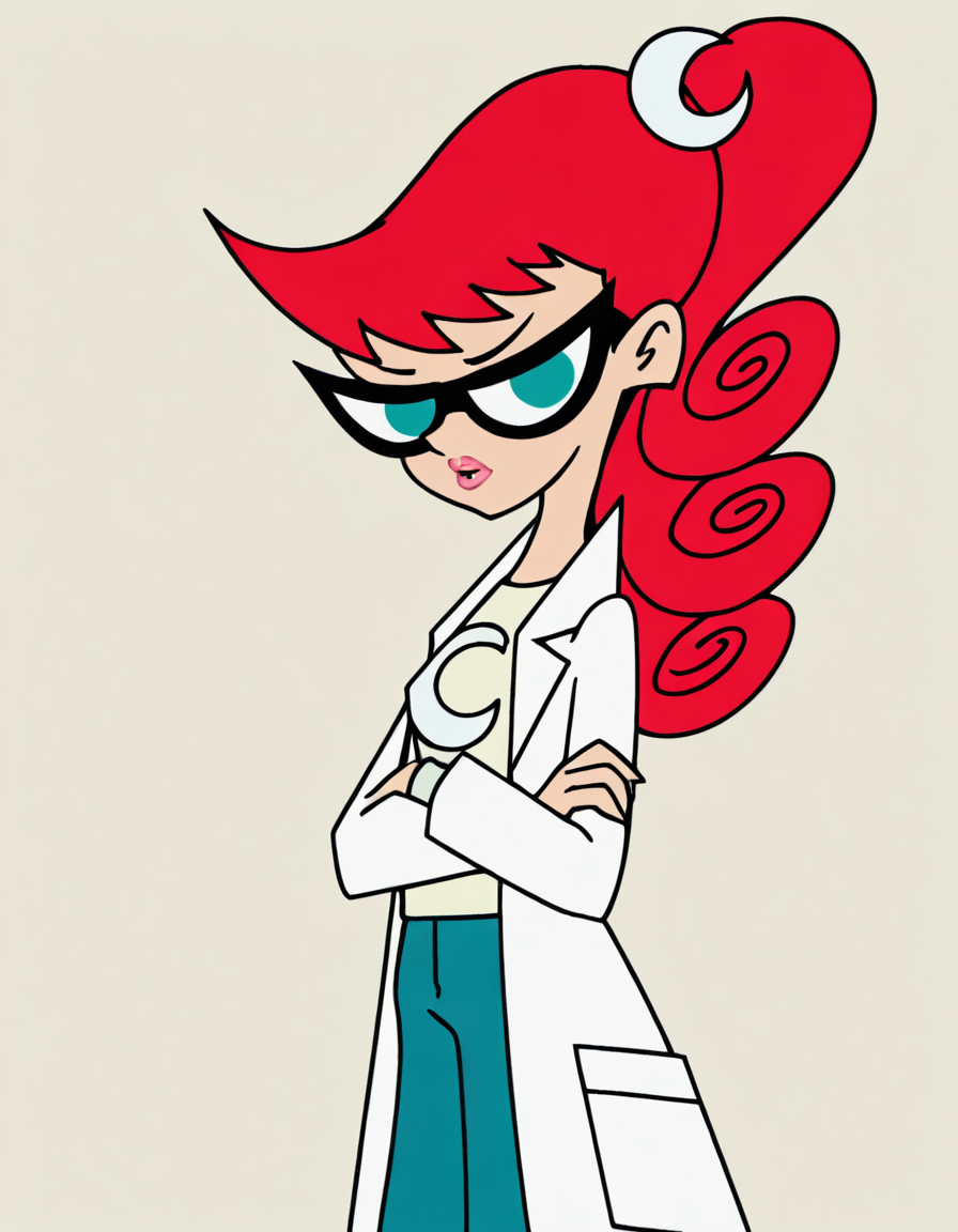 marytest, glasses, 1girl, red hair, ponytail, solo, long hair, hair ornament,crescent,  aqua eyes, labcoat, curly hair, lips, lipstick, pants, t-shirt, looking at viewer,crossed arms,  cowboy shot, masterpiece, best quality, amazing quality, very aesthetic, absurdres <lora:MaryTestIllustrious1.0JLFO-000017:1> simple background,