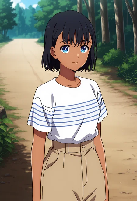 anime screencap, masterpiece, best quality,
<lora:SummertimeRender_KofuneMio_IlluXL:0.9>,
1girl, solo, closed mouth, light smile,
dark-skinned female, short hair, black hair, blue eyes, white pupils,
striped shirt, white shirt, short sleeves, shirt tucked in, light brown shorts,
standing, looking at viewer, cowboy shot,
outdoors, forest, dirt road, tree, foliage, day, blurry background