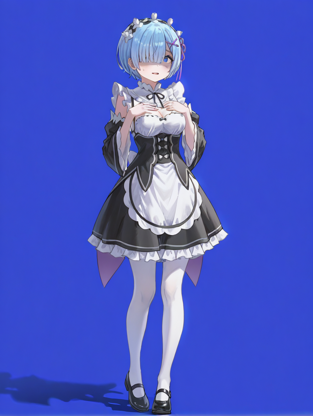 perfect quality,high quality,masterpiece,best quality,amazing quality,very aesthetic,absurdres,newest,
front view,full_shot,yandere,
REMCYQL,1girl,solo,short hair,blue hair,bangs,hair over one eye,ribbon,hair ribbon,purple ribbon,hair ornament,x hair ornament,maid headdress,blue eyes,neck ribbon,roswaal mansion maid uniform,maid,cleavage,underbust,black ribbon,long sleeves,detached sleeves,apron,white apron,waist apron,skirt,black skirt,frilled skirt,pantyhose,white pantyhose,frills,mary janes,black footwear,
full body,standing,hands_on_own_chest,,
aliceblue background,simple background,
<lora:spo_sdxl_10ep_4k-data_lora_webui>,<lora:NOOB_EPSv1_1_detailer_by_vlnvk_v1_0>,<lora:shiej007>,,<lora:REM_Illustrious by Cyql:1>,