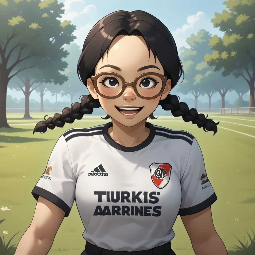 score_9, score_8, BREAK, solo, mii, wii, black eyes, brown glasses, small nose, half circle nose, big mouth, open mouth, teeth, mole under mouth, black hair, low braids, RiverPlate, striped shirt, striped, shirt, white shirt, short sleeves, clothes writing, sportswear, soccer uniform, black pants, shoes, blush, 1girl, female mii, cute, medium breasts, keiko_(\Wii_Sports\), wii Sports, Nintendo Mii, modern_mii, classic_mii, sexy pose, self portrait, smile, outdoors, sunlight, shadows, evening lighting, natural lighting, forest, trees, grass, orange sky, sunset