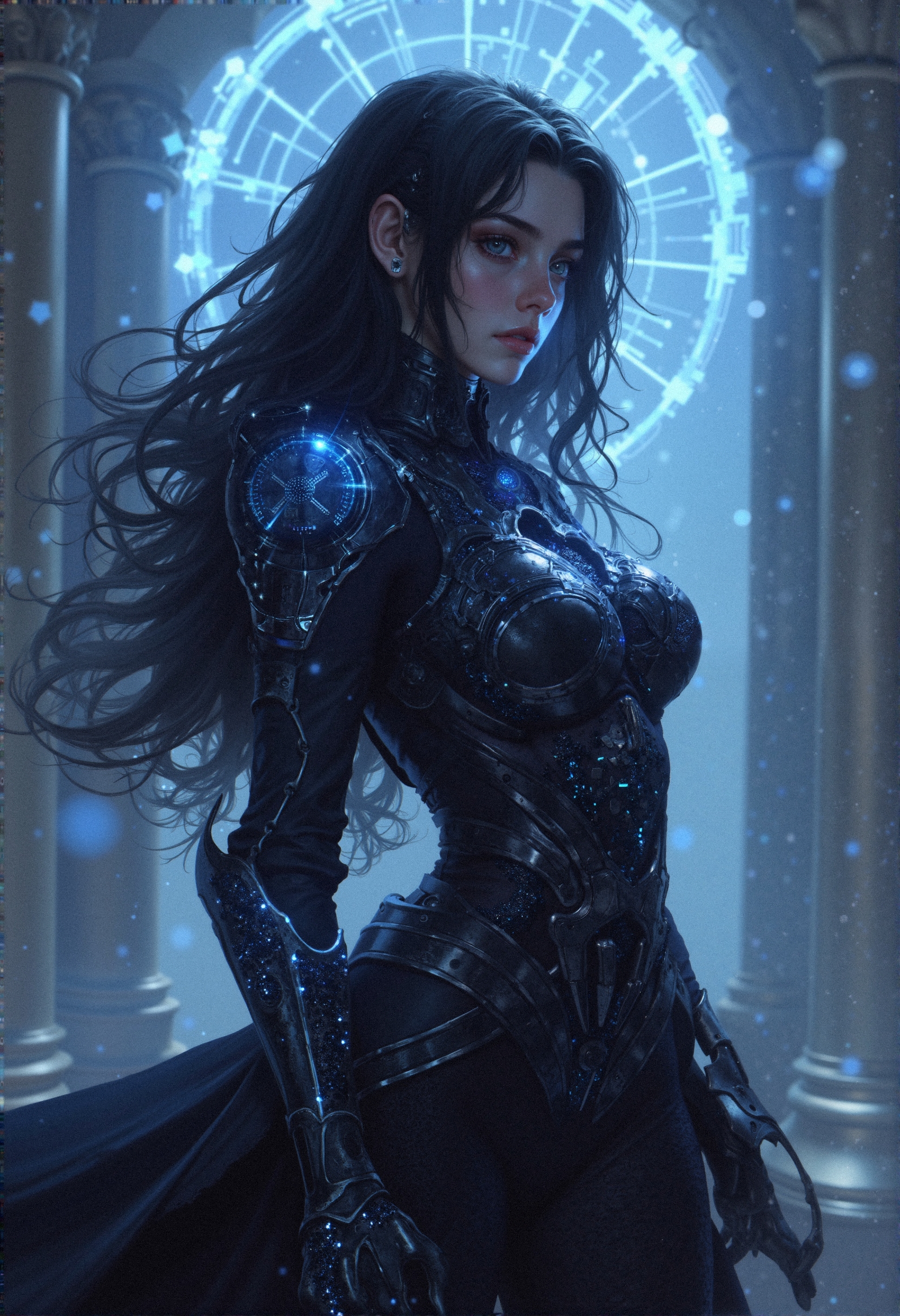 A dark-haired female warrior in intricately detailed black armor stands in a futuristic environment. Her armor is infused with glowing, blue circuitry, seamlessly blending with her natural form. The background features a complex network of floating holographic circuits, casting an ethereal blue glow. The lighting captures the metallic sheen of her armor and the luminous patterns, creating a photorealistic, dynamic scene.
 <lora:MoriiMee_Gothic_Niji_Style_FLUX:0.45> <lora:realism_lora_comfy_flux_converted:0.7000000000000001>