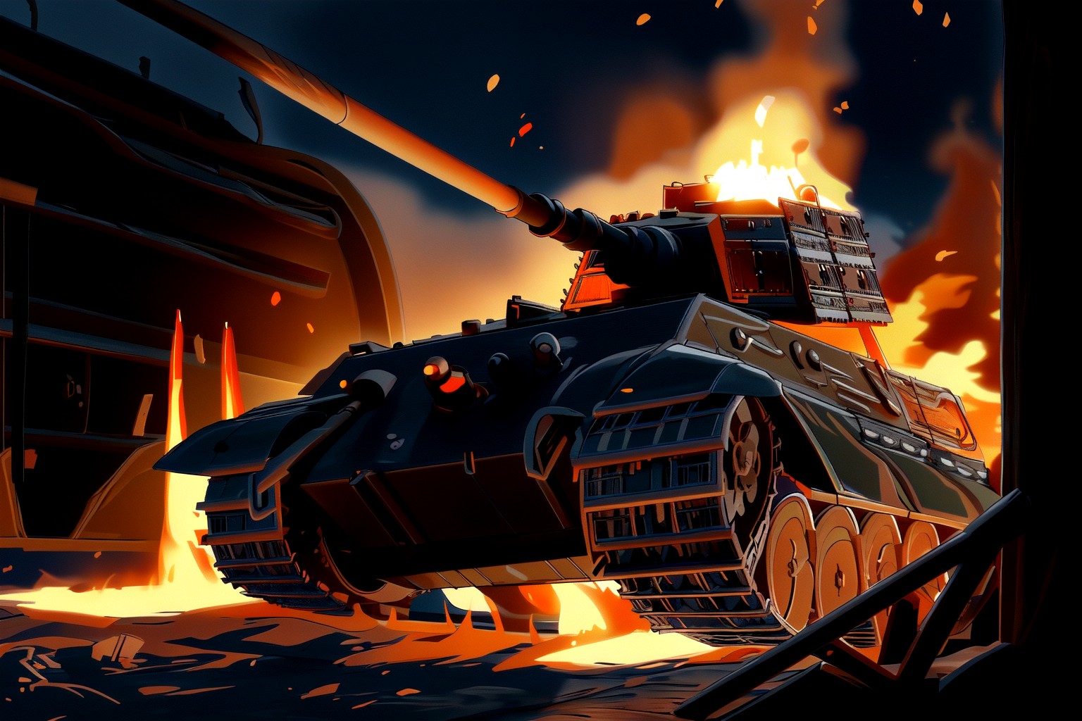 king tiger tank, burning, fire, night, smoke, explosions, wreck,