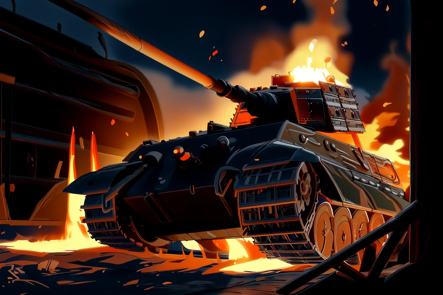 king tiger tank, burning, fire, night, smoke, explosions, wreck,